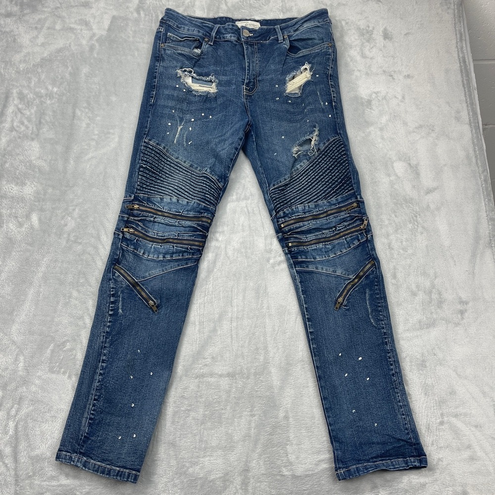 Refinery Republic Moto Jeans Mens 34x32 Blue Distressed Stretch‎ Straight Leg